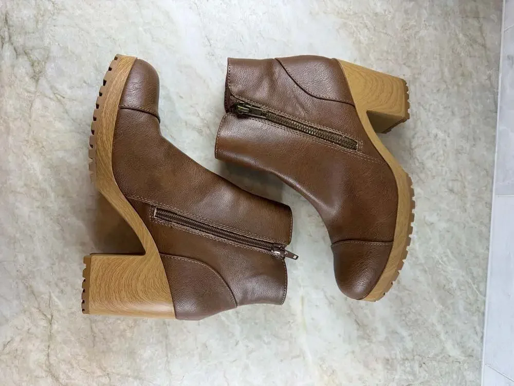 Sun + Stone Rowaan Brown Platform Ankle Boots Block Heel Zip Womens 7.5 M